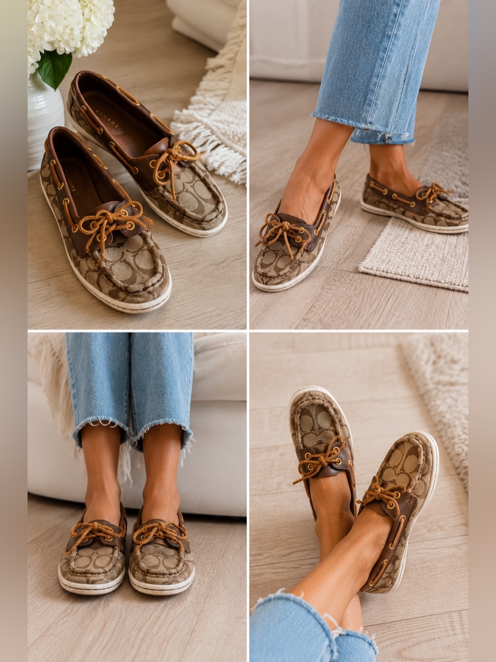 Coach Signature C Canvas Boat Shoes Loafers Brown Tan 6.5